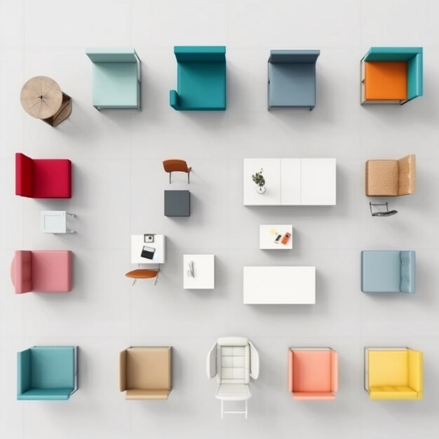 Foto una collezione di sedie con colori diversi e quella che dice 