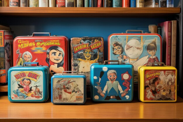 A collection of childrens suitcases sitting on a shelf