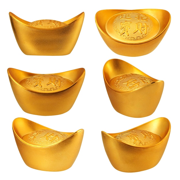 Photo collection of chinese gold ingots with different angles isolated on white background