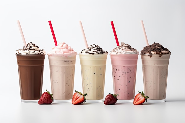 A collection of chocolate vanilla and strawberry milkshakes with straws in cups and placed separat
