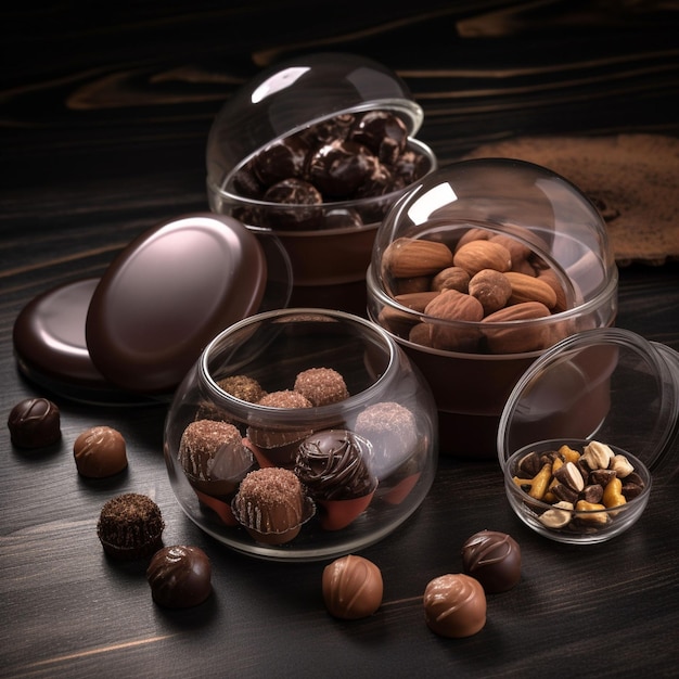 A collection of chocolates and nuts are on a table.