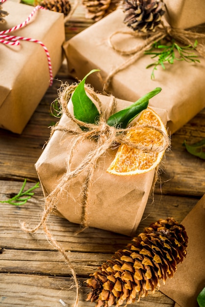 Collection of christmas gift boxes with natural rustic decorations