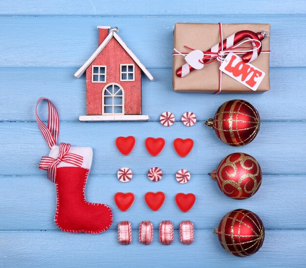 Collection of Christmas objects  on color wooden surface