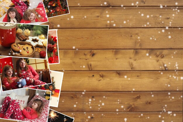 Collection of Christmas photos with kids in pajamas, cookies, decor and table setting on wood brown background. copy space