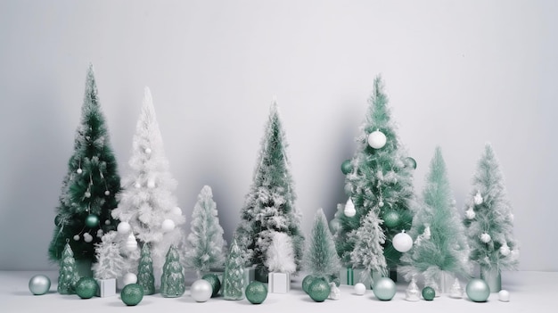 A collection of christmas trees with snow and snow on the ground.