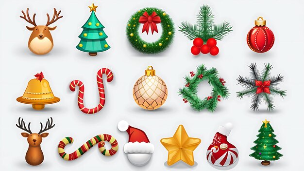 Photo a collection of christmasthemed icons including a reindeer a christmas tree a wreath a candy cane a bell a star a gift a stocking and a sant