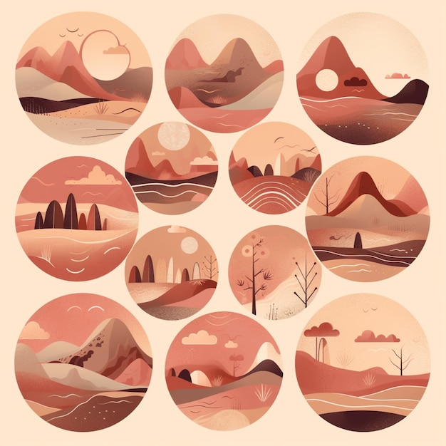 A collection of circular illustrations with mountains and trees.