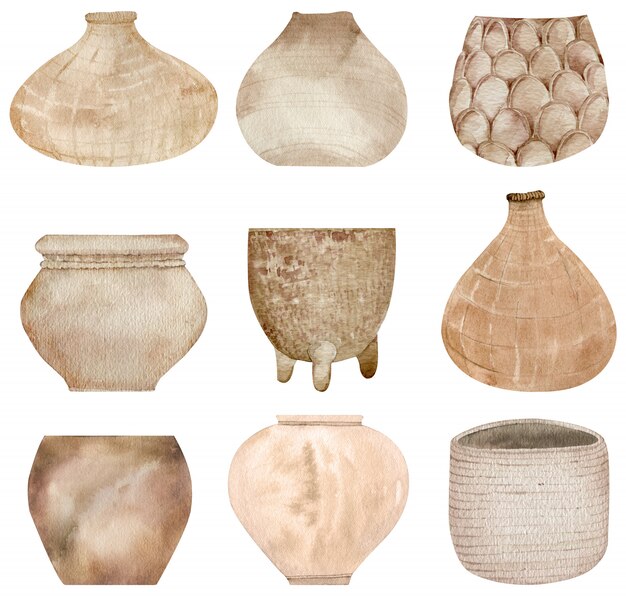 Collection of clay pottery and woven pots isolated