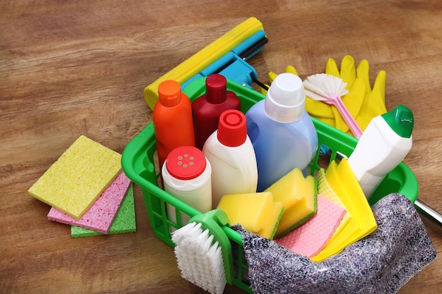 Collection of cleaning products and tools
