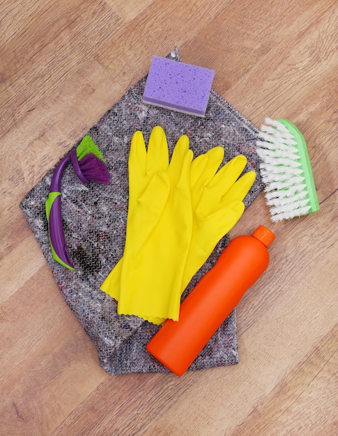 Collection of cleaning products and tools