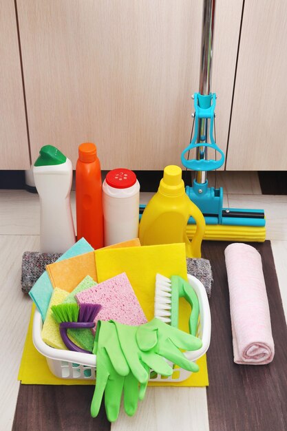 Collection of cleaning products and tools