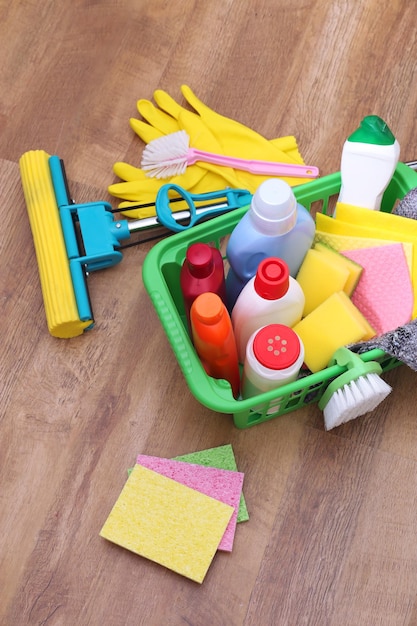 Collection of cleaning products and tools