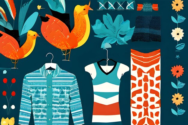 a collection of clothes including a bird bird and a t shirt