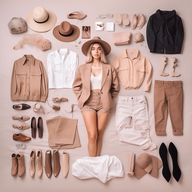 A collection of clothes including a woman and a hat.