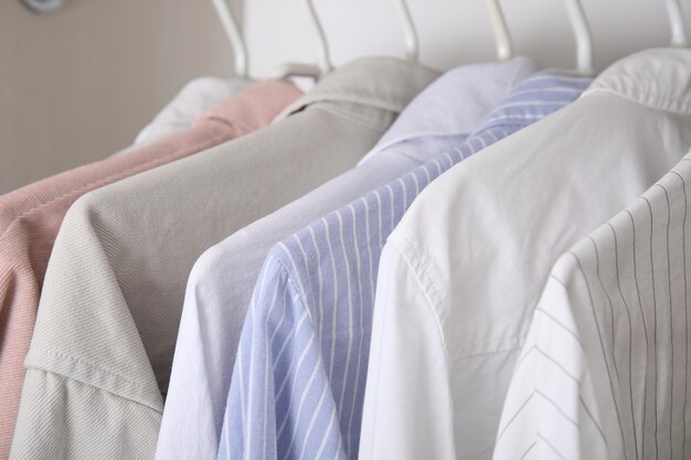 Collection of clothes in wardrobe closeup view