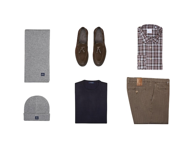 a collection of clothing including a shirt, pants, and a shirt.
