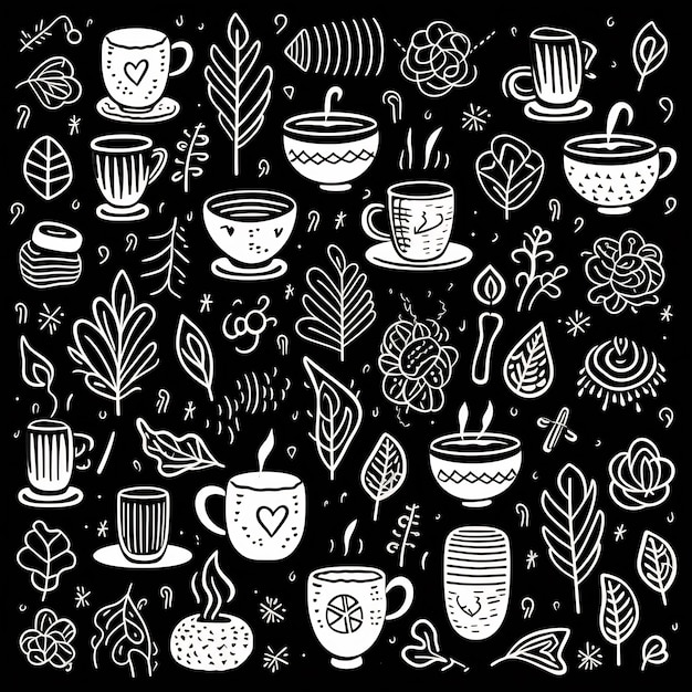 коллекция кофейных чашек и черный фон со словами " кофе " на нем.