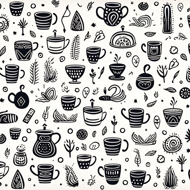 a collection of coffee cups and a design with the words " coffee " on the white background.