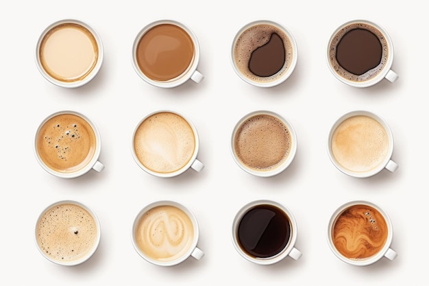 Collection of coffee cups seen from above isolated on white background