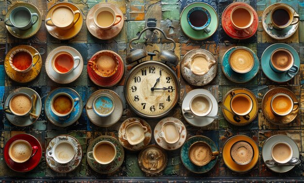 A collection of coffee cups with a clock in the middle