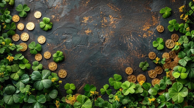 a collection of coins with a green leaf clover on the background