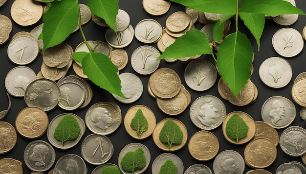 a collection of coins with a green leaf on the top