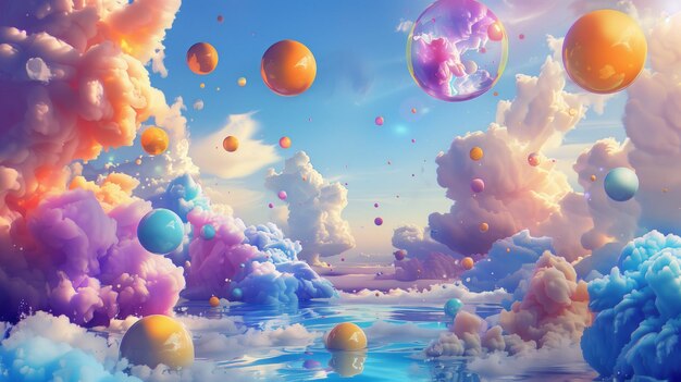 Foto collezione di nuvole colorate e palle liquide che galleggiano nel cielo mondo fantastico nuvole e liquido