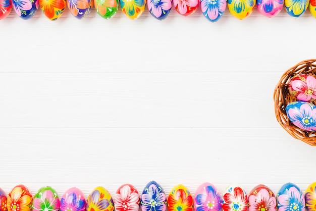 Collection of colored eggs and basket