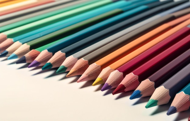 A collection of colored pencils sitting on a white background