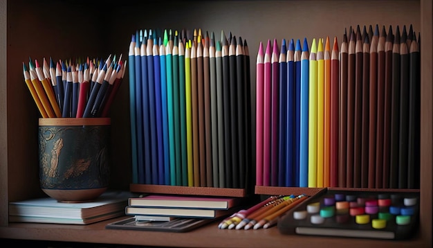 A Collection Of Colored Pencils And Sketch Pads On A Shelf Generative AI