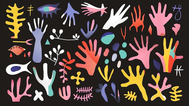 Foto una collezione di mani astratte colorate e forme organiche su uno sfondo nero