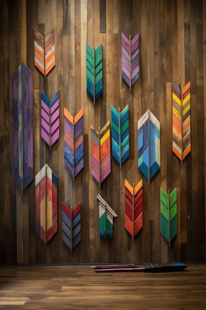 A collection of colorful arrow signs on a wooden background created with generative ai