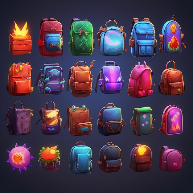 Photo a collection of colorful backpacks including one that says 