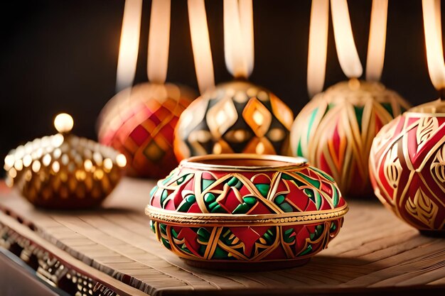 a collection of colorful balls and lights with candles in the background.