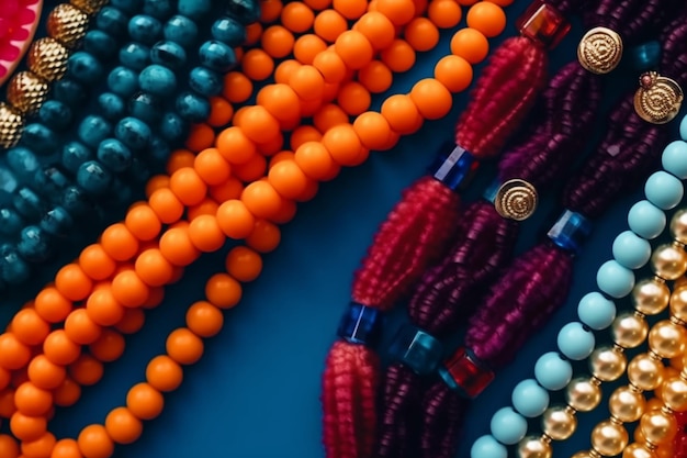 A collection of colorful beads are displayed on a blue background.