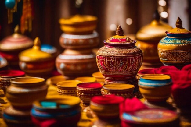 a collection of colorful bowls are on a table with one that says  the top