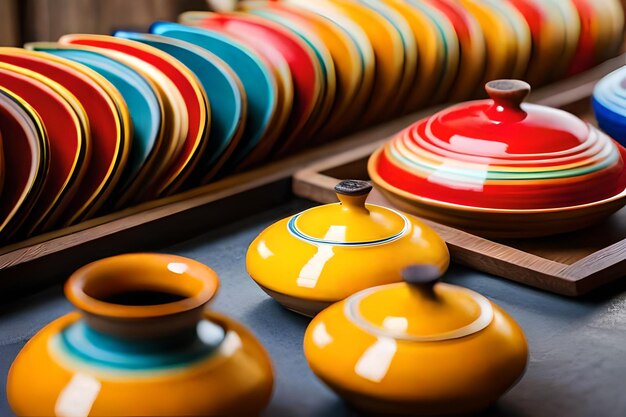A collection of colorful bowls and bowls are displayed