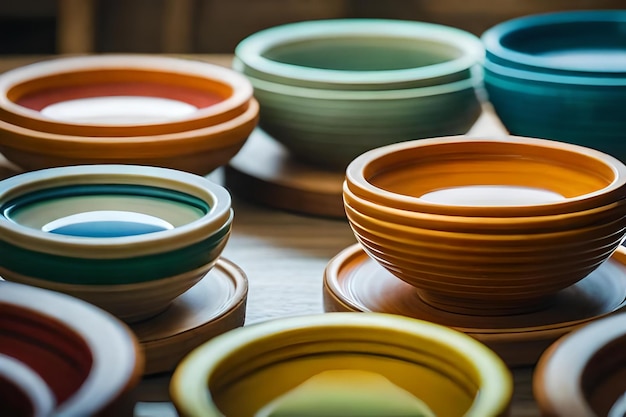 A collection of colorful bowls on a table.