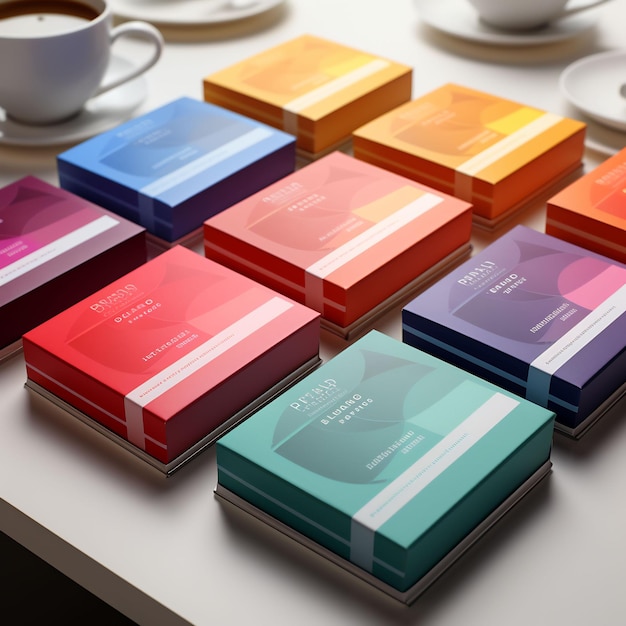 a collection of colorful boxes of different colors and sizes.