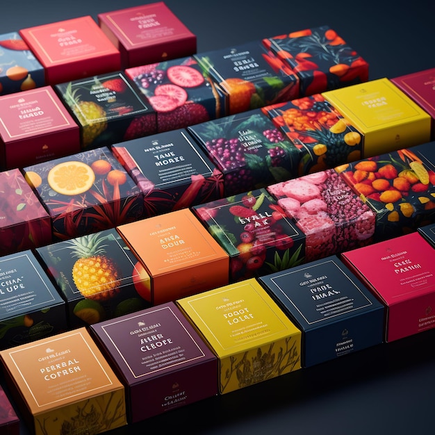 a collection of colorful boxes of fruit and berries