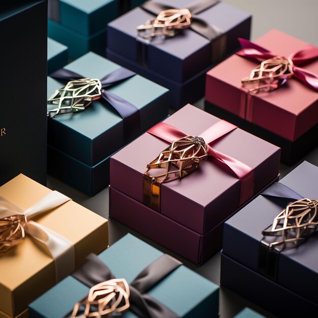 a collection of colorful boxes with a ribbon tied around the top.