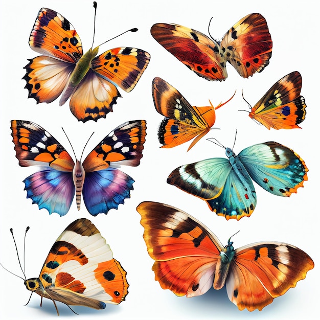 A collection of colorful butterflies isolated on white background Generative AI