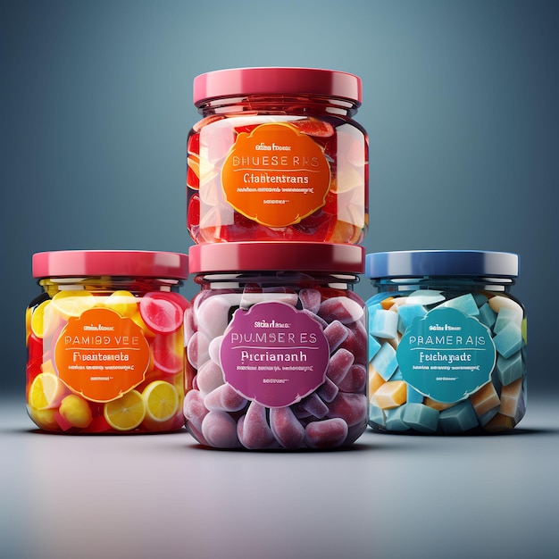 a collection of colorful candy jars with a label that says " dole " on them.