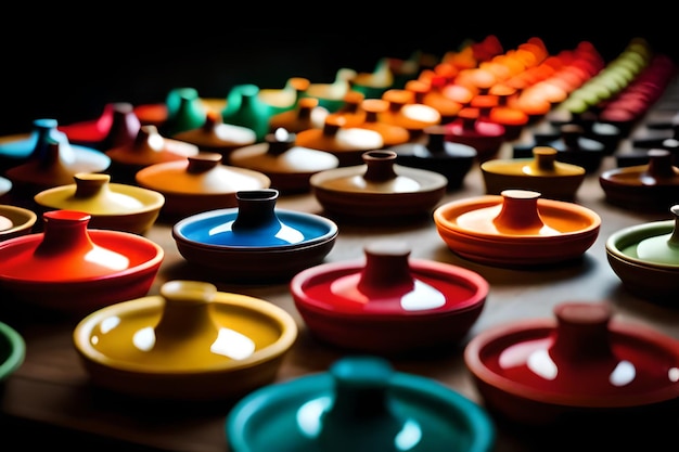 色とりどりの陶器の鉢が展示されています
