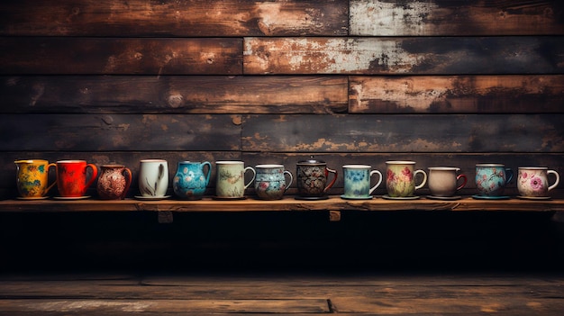 A collection of colorful ceramic cups on vintage wood table Generative Ai