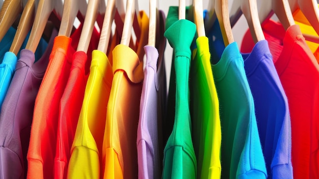 Foto una collezione di vestiti colorati su appendiabiti ben disposti su un supporto per l'armadio