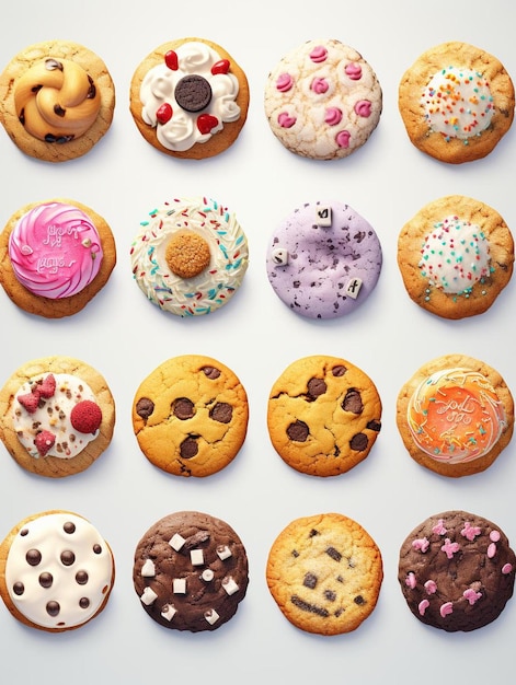 a collection of colorful cookies with sprinkles and chocolate frosting.
