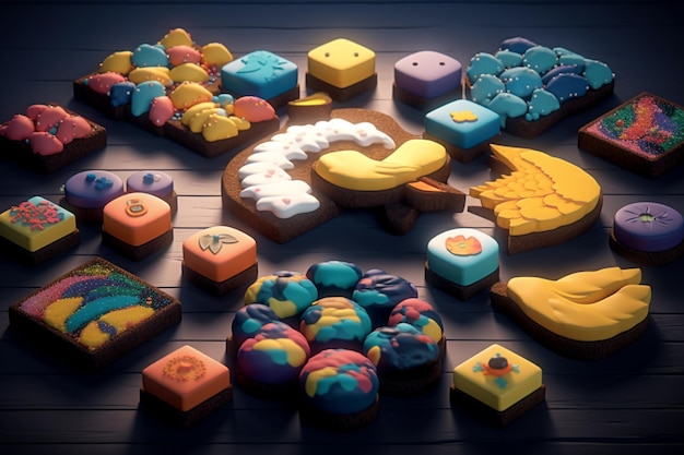 Foto una raccolta di biscotti colorati con la nuvola di parole in alto.