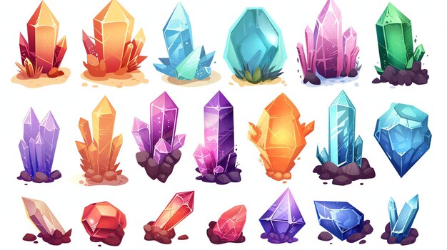 Коллекция красочных кристаллов и драгоценных камней Кристаллы разных форм и размеров расположены на белом фоне