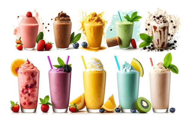 Collection of colorful delicious fruit smoothies isolated on white background Neural network AI generated